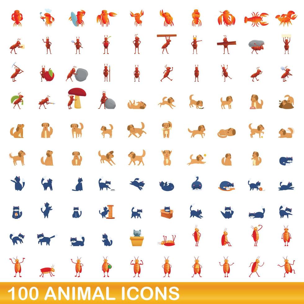 100 animales, conjunto de iconos de estilo de dibujos animados vector