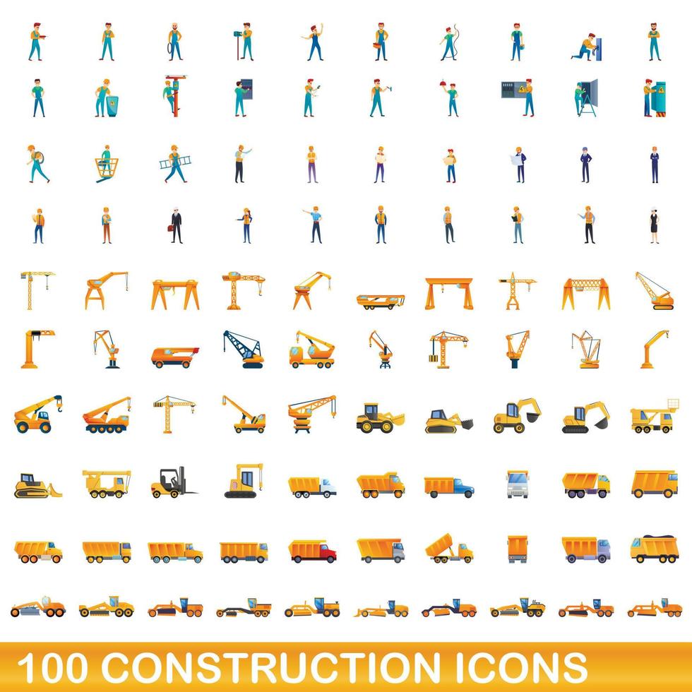 100 iconos de construcción, estilo de dibujos animados vector