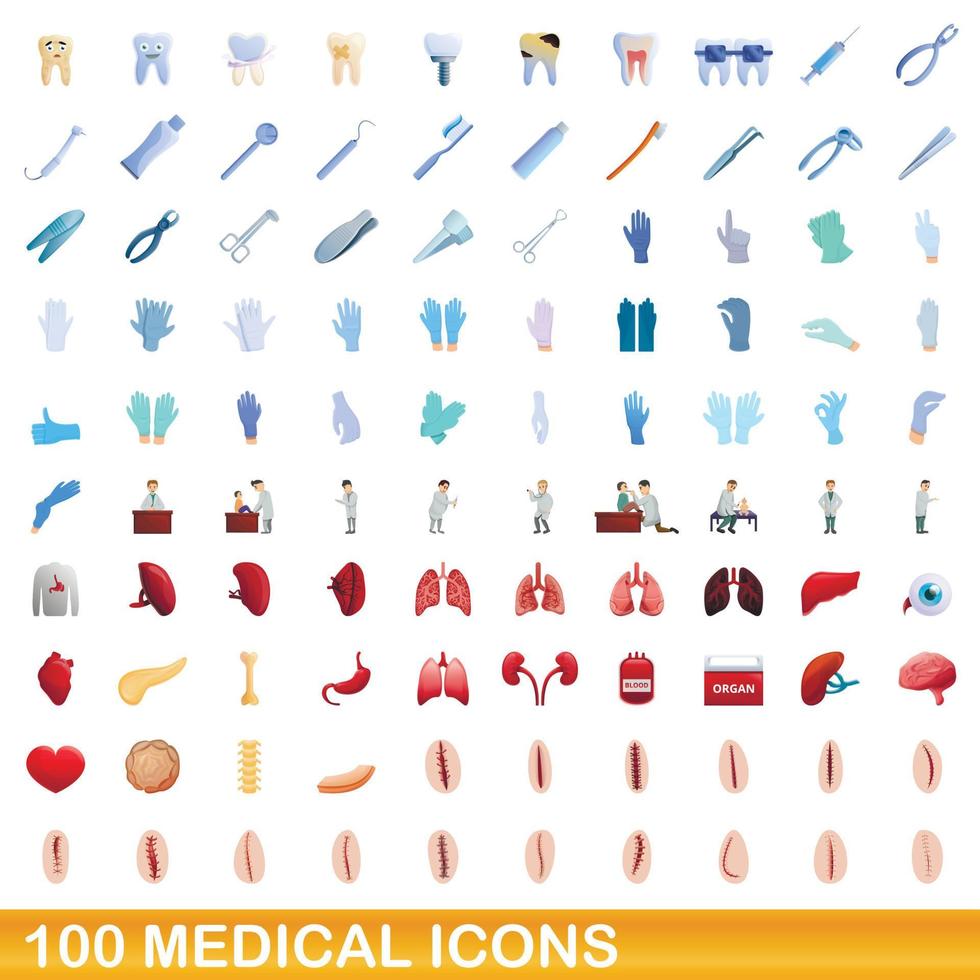 100 medical icons set, cartoon style vector