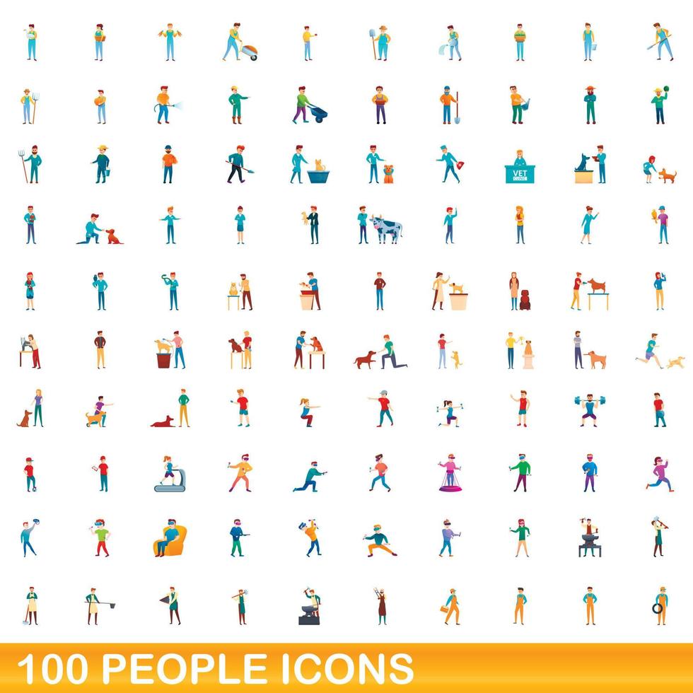 100 people icons set, cartoon style vector