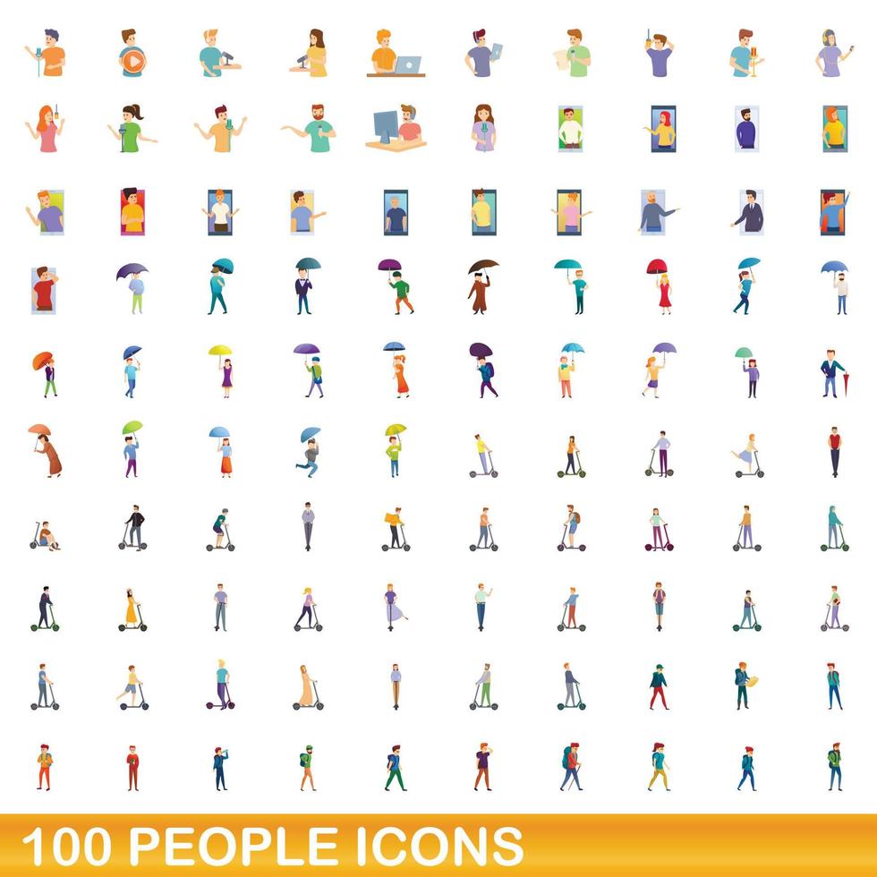 100 people icons set, cartoon style vector