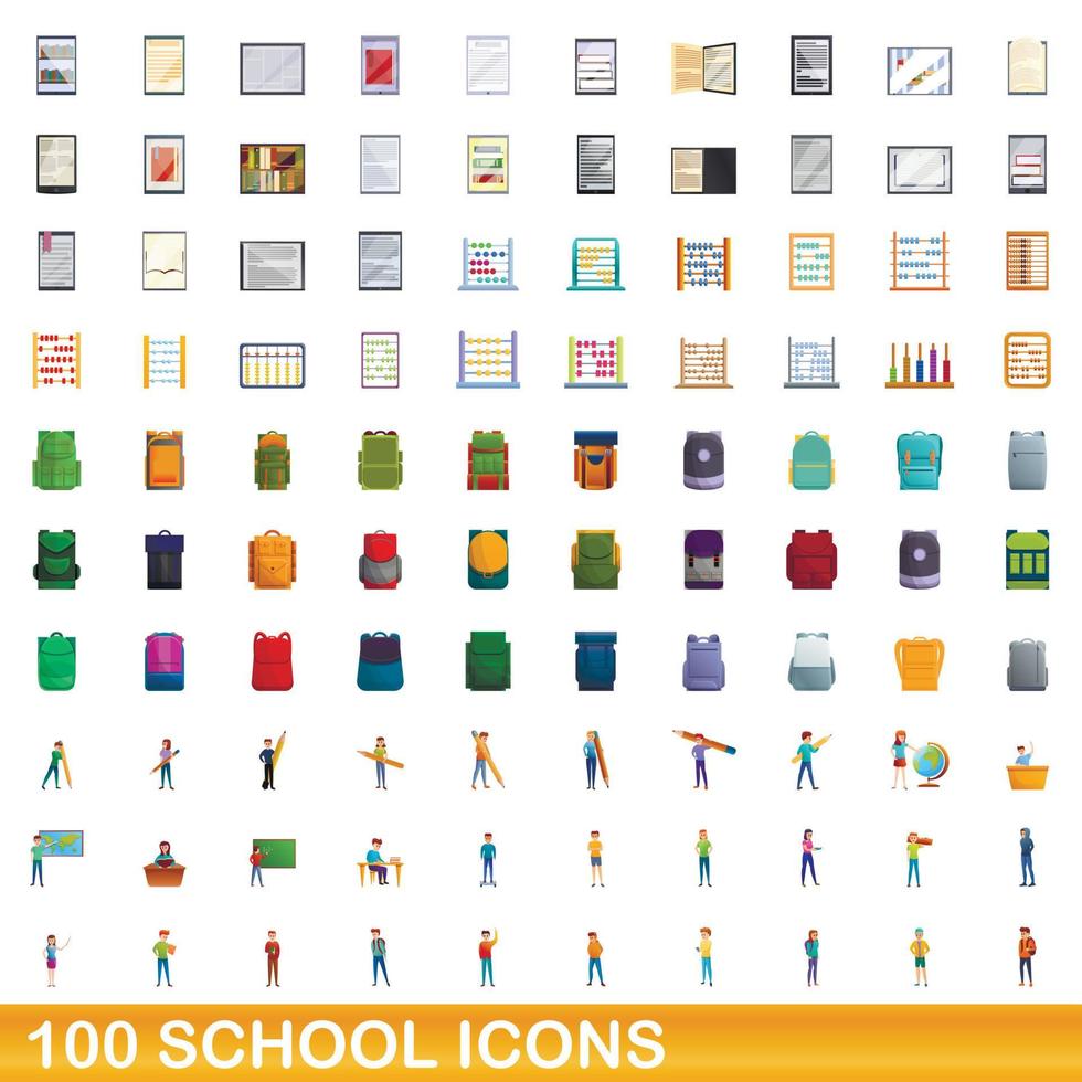 100 school icons set, cartoon style vector