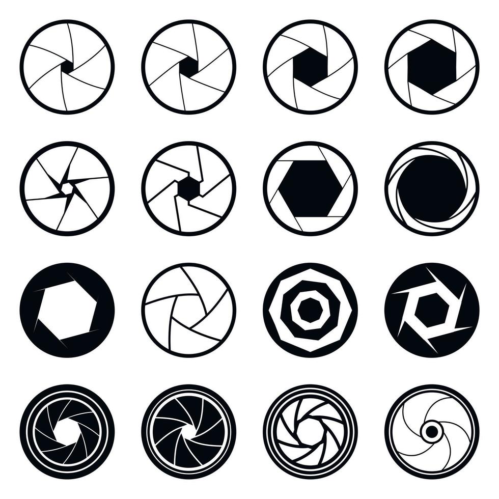 Camera shutter icons set, black simple style vector