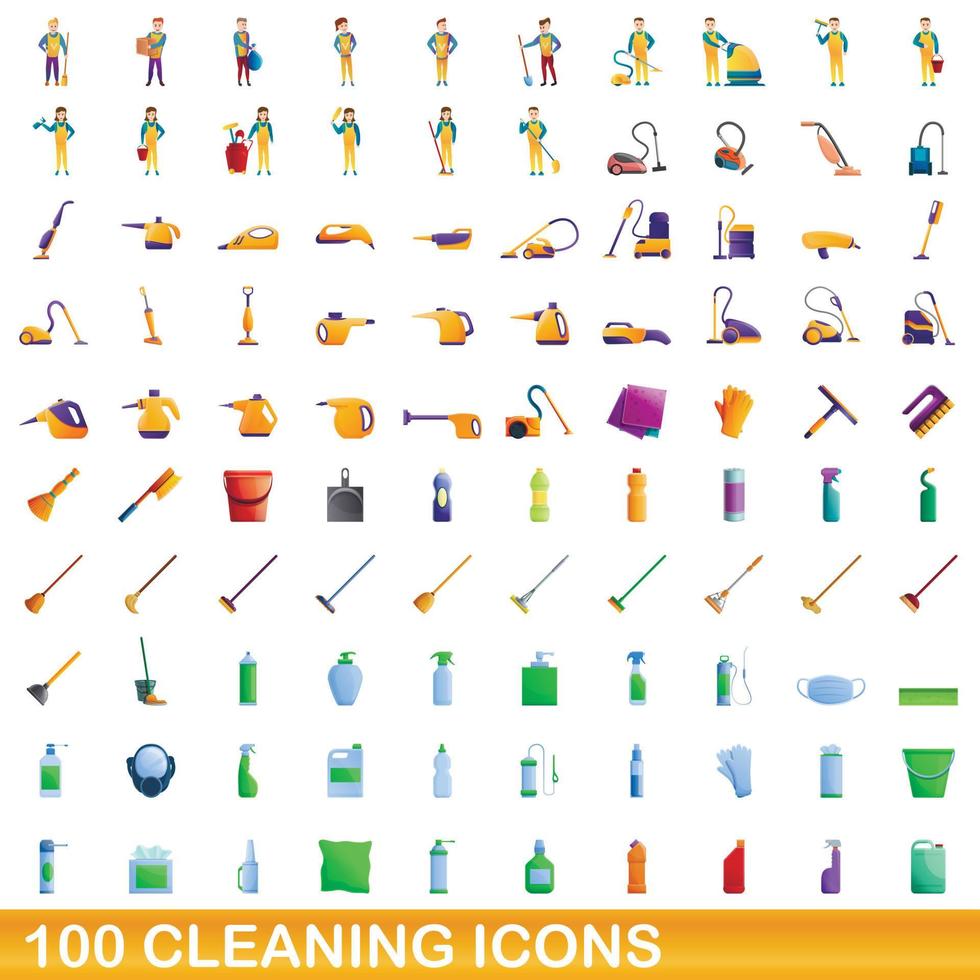 100 cleaning icons set, cartoon style vector