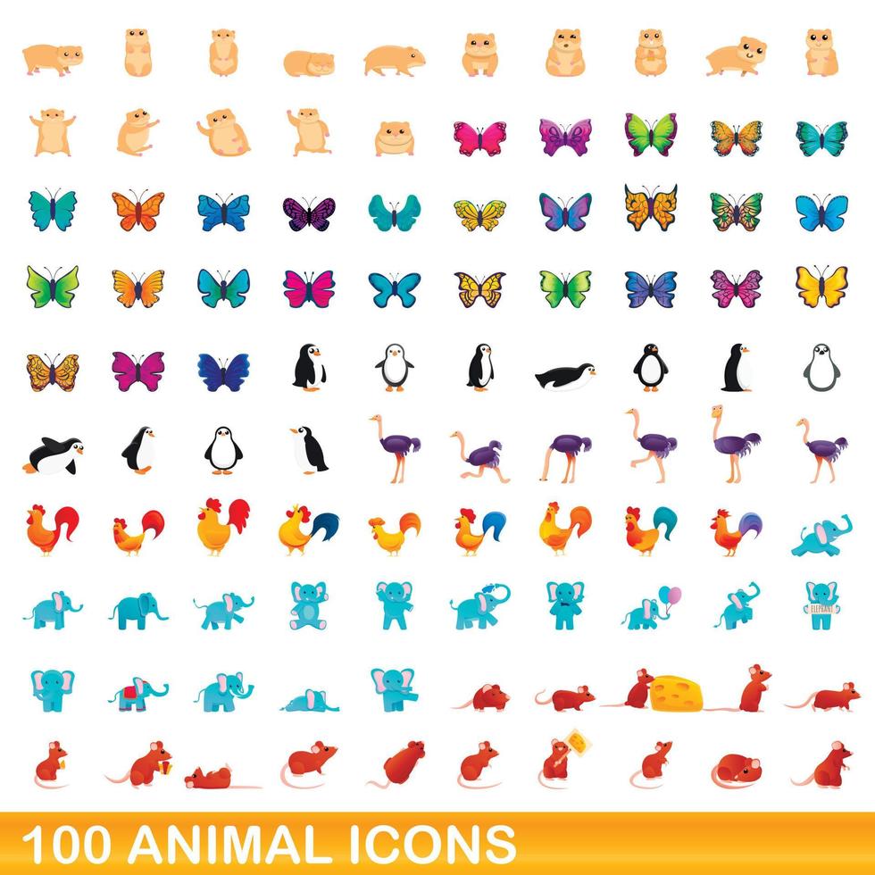 100 animal icons set, cartoon style vector