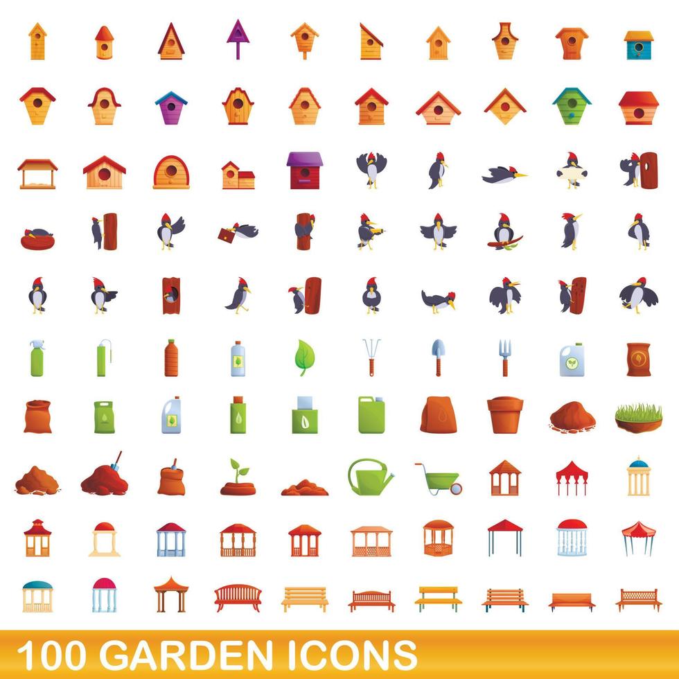 100 garden icons set, cartoon style vector