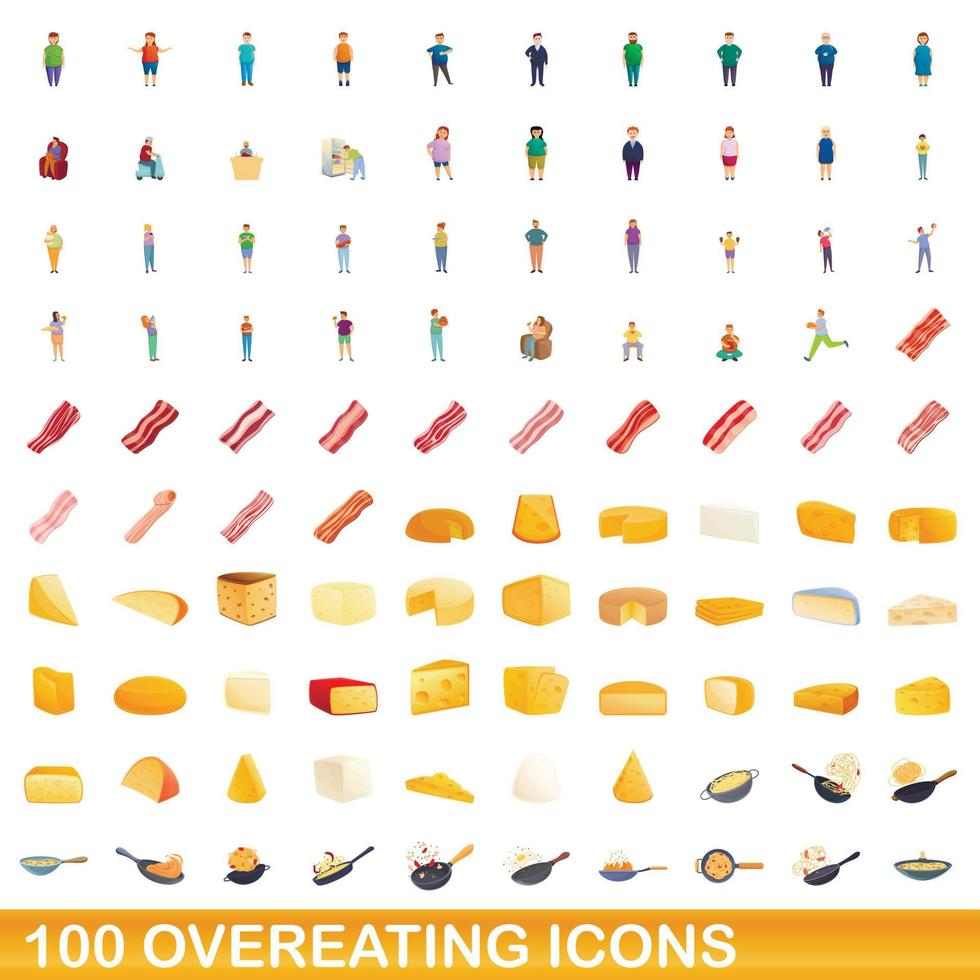 100 overeating icons set, cartoon style vector