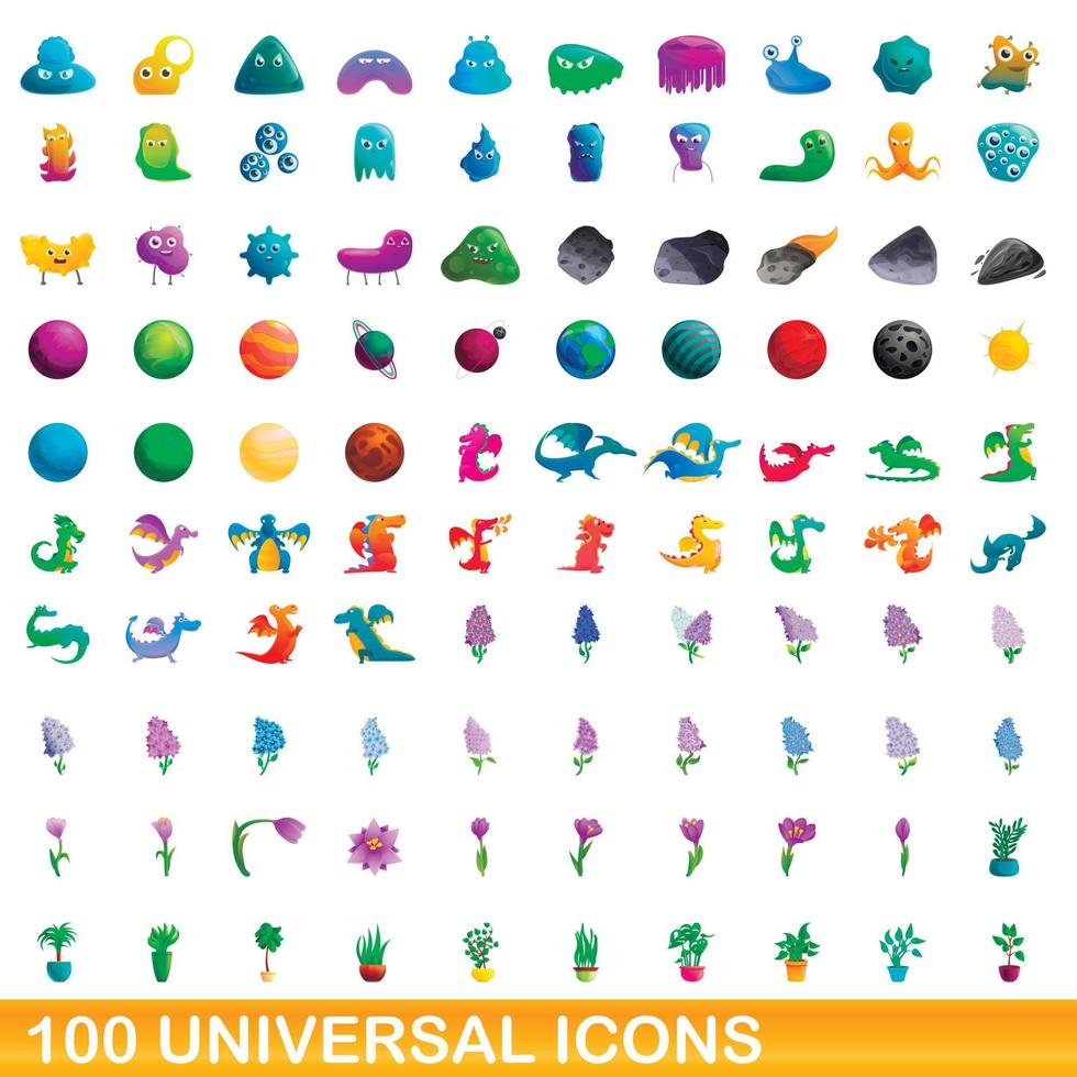 100 universal icons set, cartoon style vector