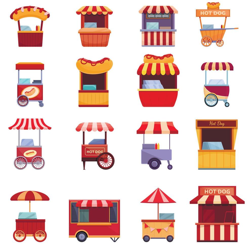 Hot dog cart icons set, cartoon style vector
