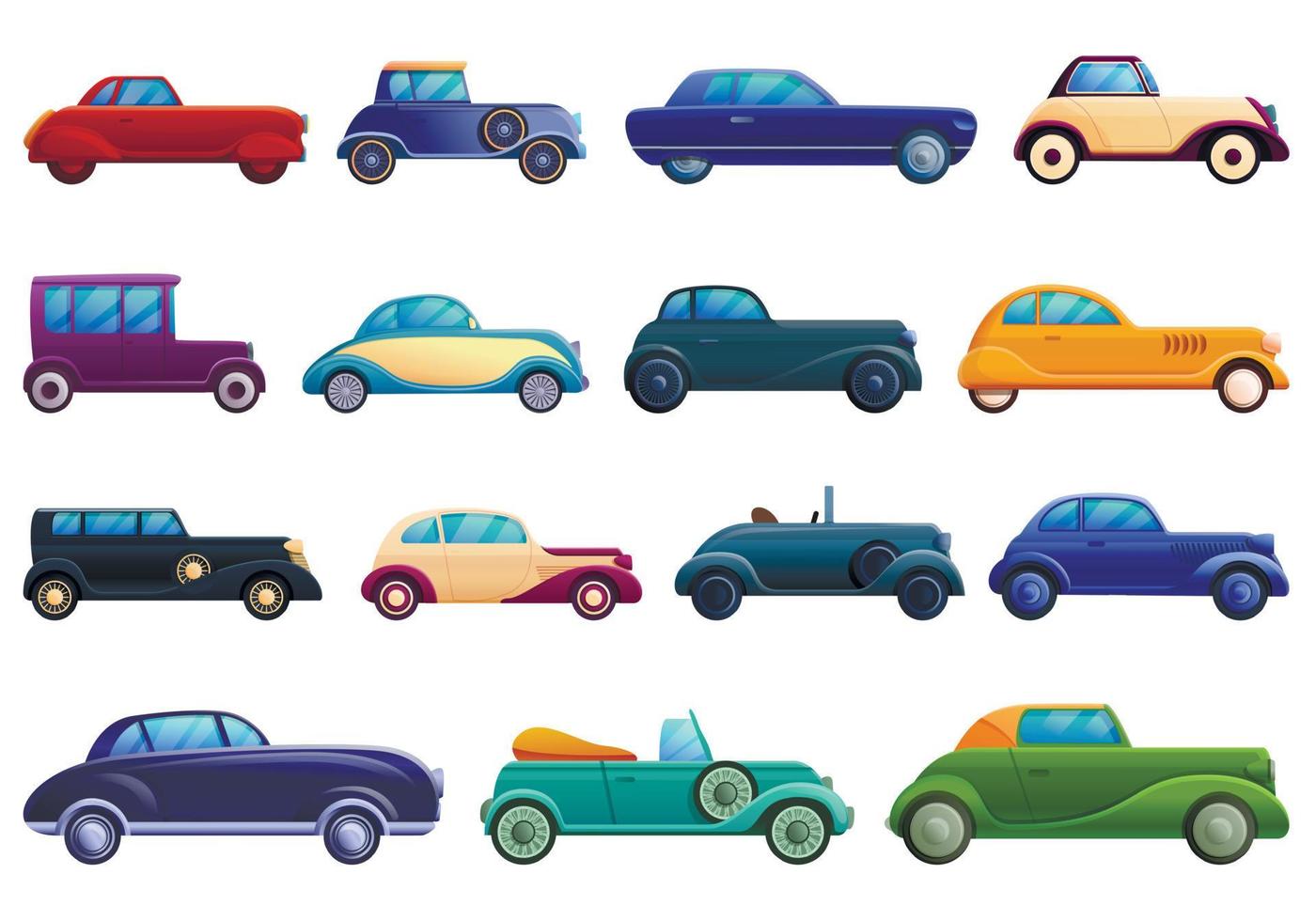 conjunto de iconos antiguos de coche, estilo de dibujos animados vector