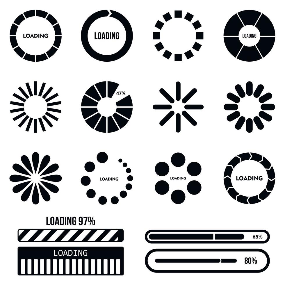 Progress bar and loading icons set in simple style vector