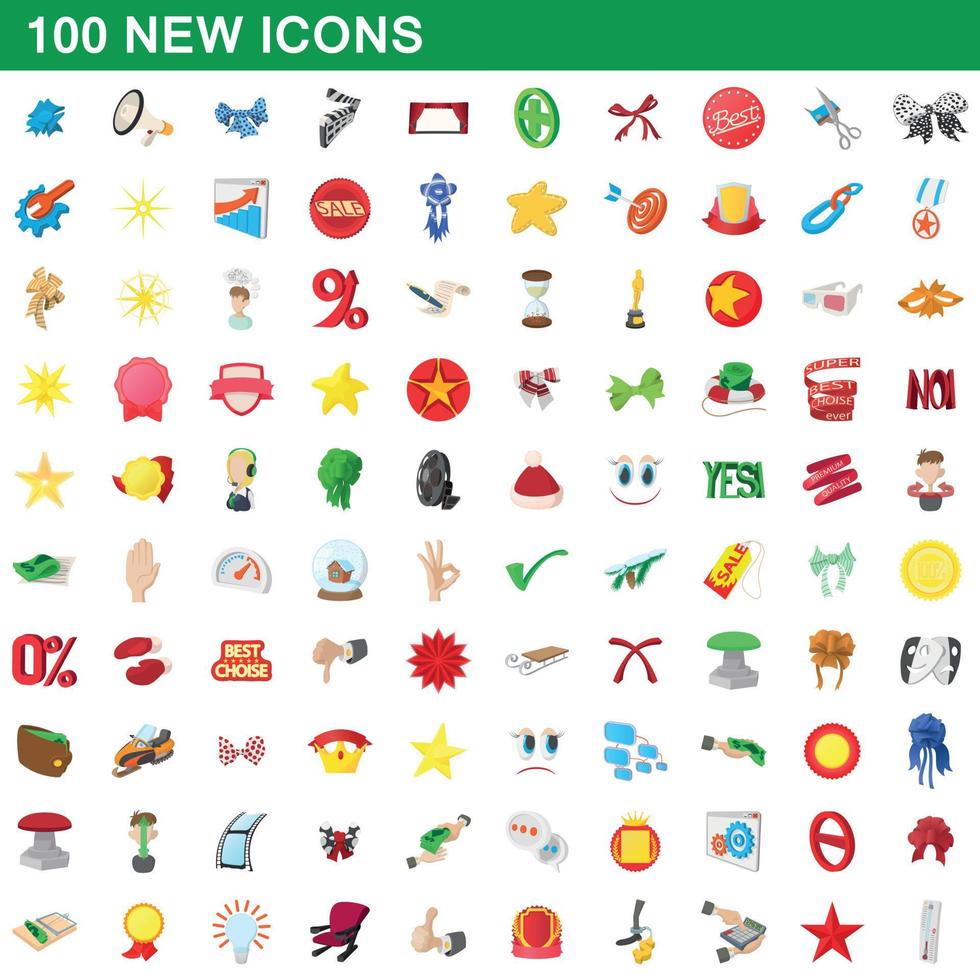 100 nuevos iconos, estilo de dibujos animados vector