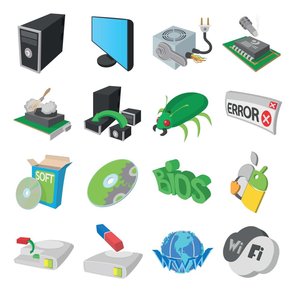 Computer service icons set, cartoon style vector