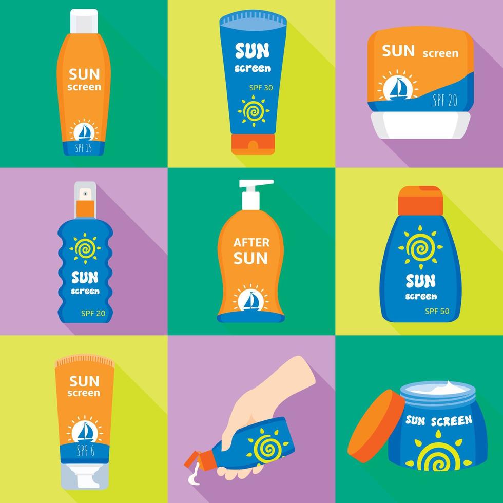 Sunscreen icons set, flat style vector