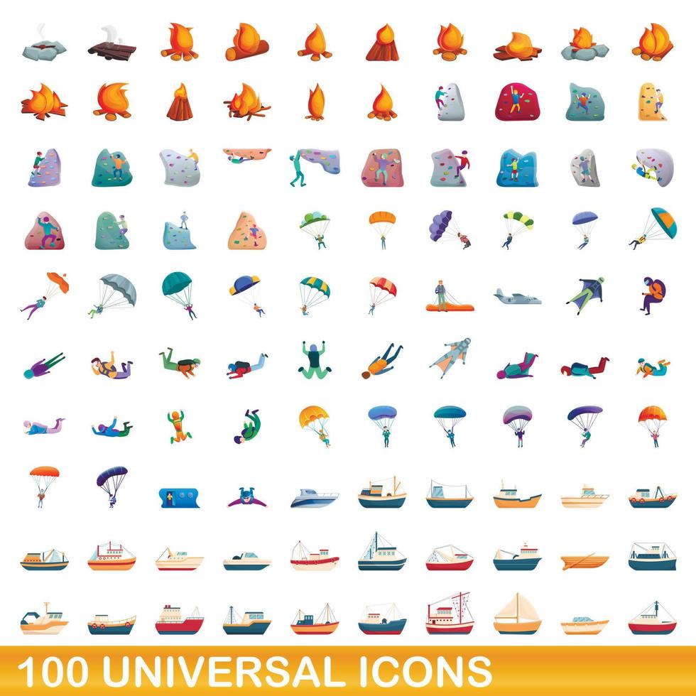 100 universal icons set, cartoon style vector