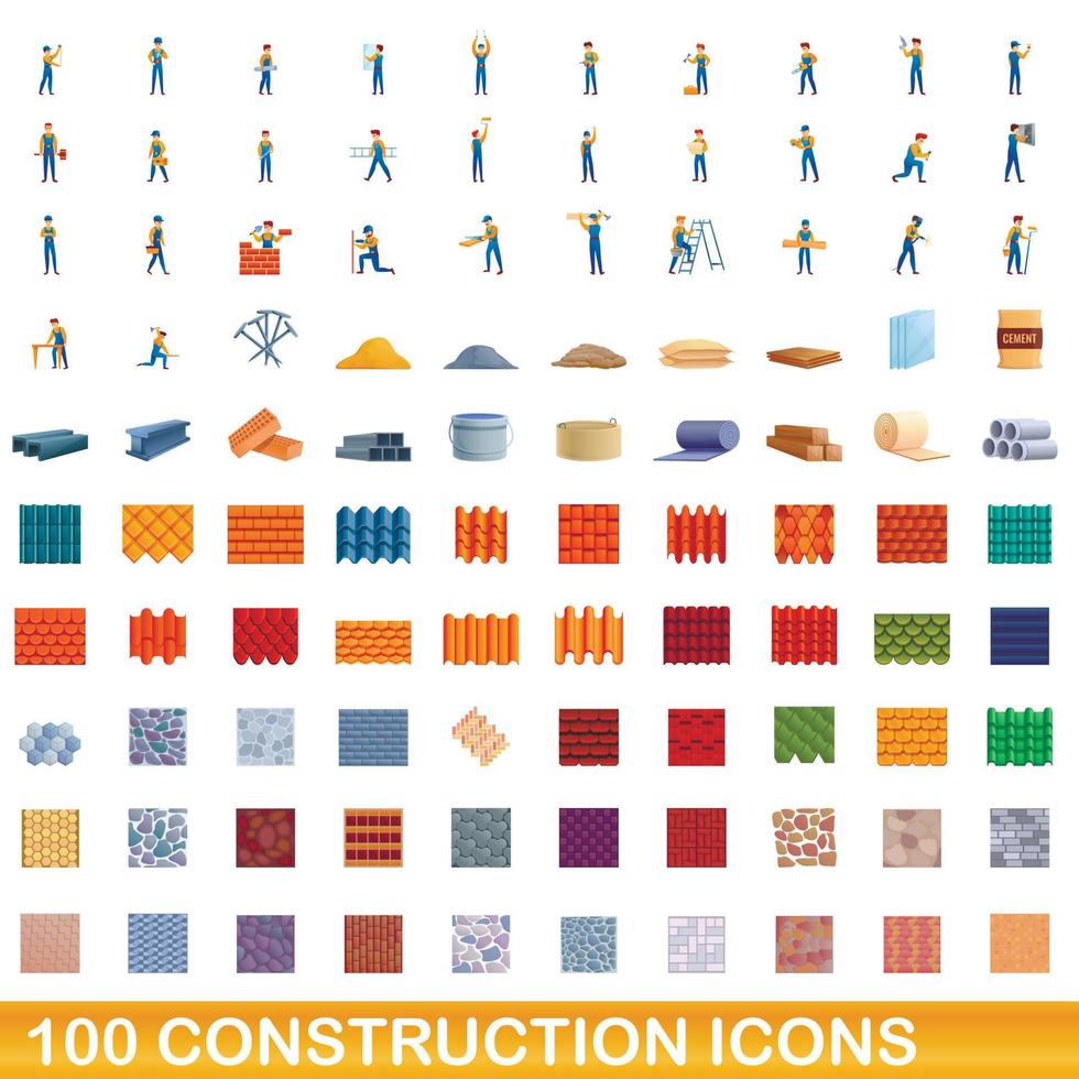 100 iconos de construcción, estilo de dibujos animados vector