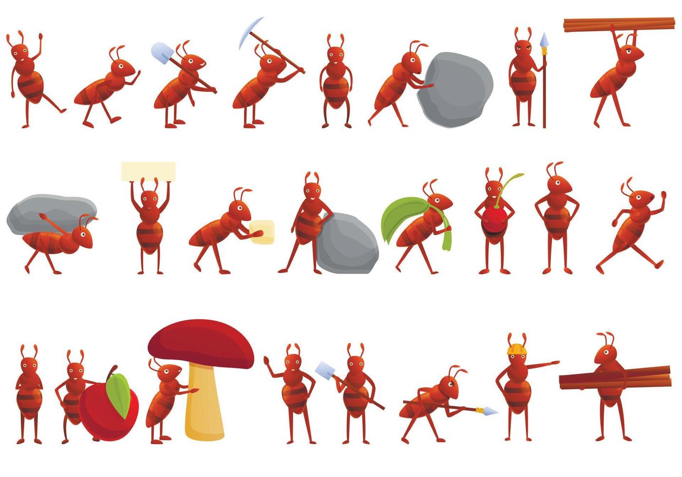 Ant icons set, cartoon style vector