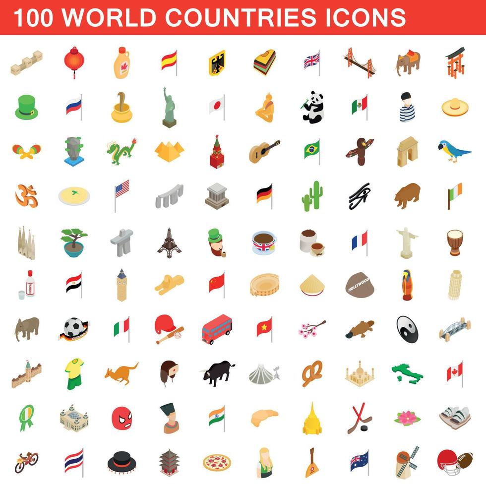 100 World countries icons set, isometric 3d style vector