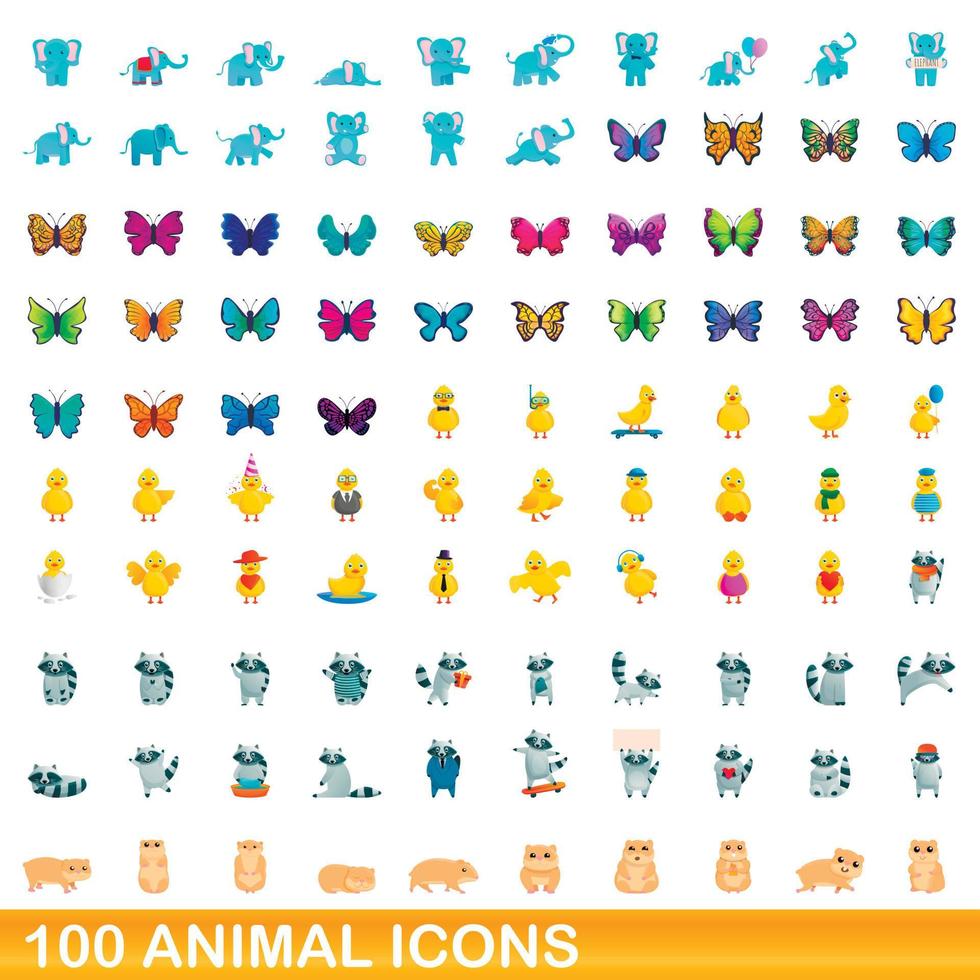 100 animales, conjunto de iconos de estilo de dibujos animados vector