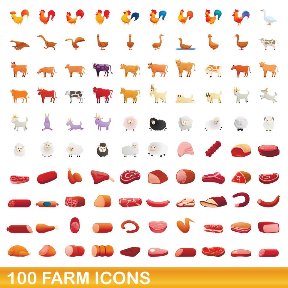 100 farm icons set, cartoon style vector