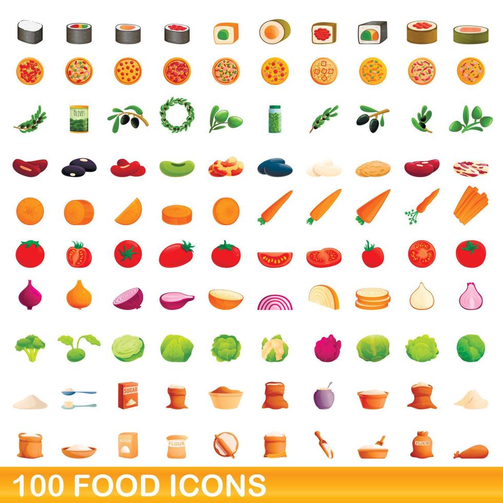 100 food icons set, cartoon style vector