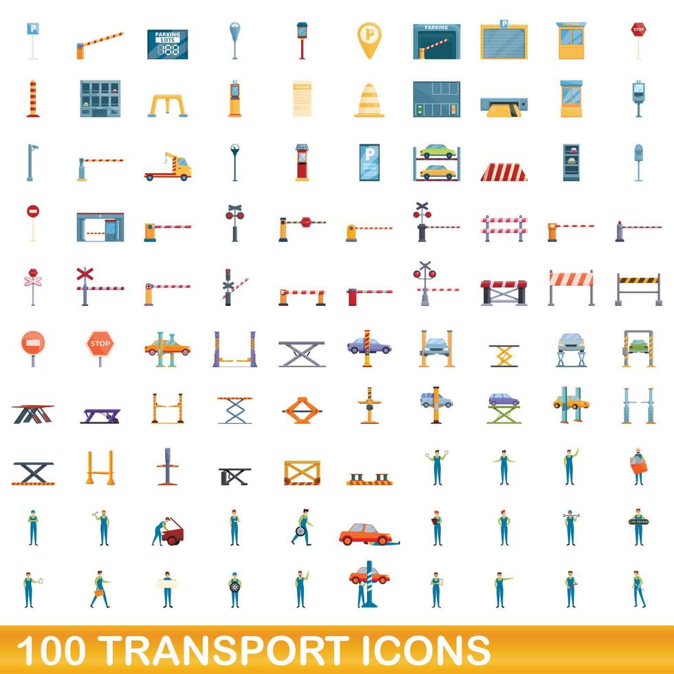 100 transport icons set, cartoon style vector