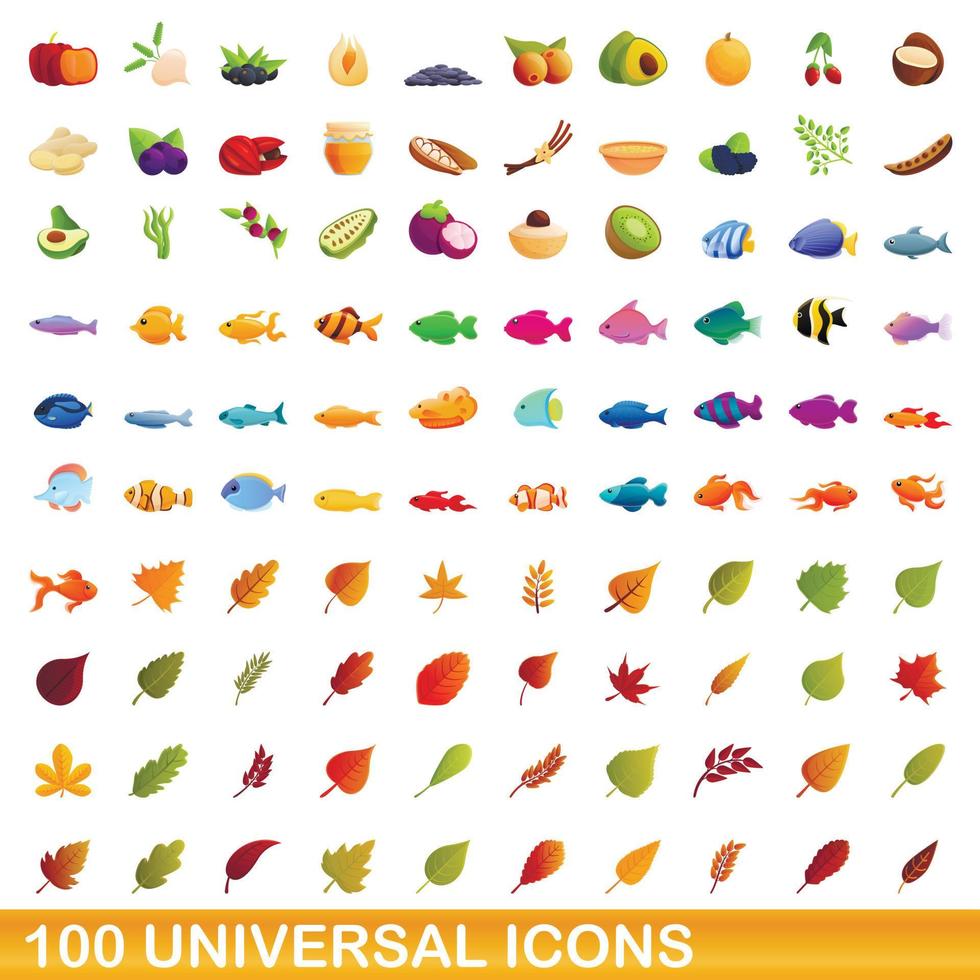 100 iconos universales, estilo de dibujos animados vector