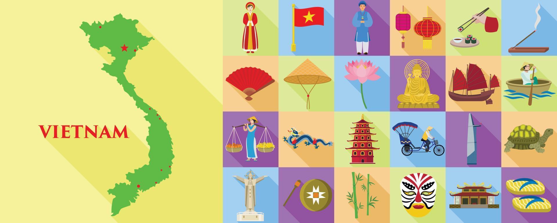 Vietnam icons set, flat style vector