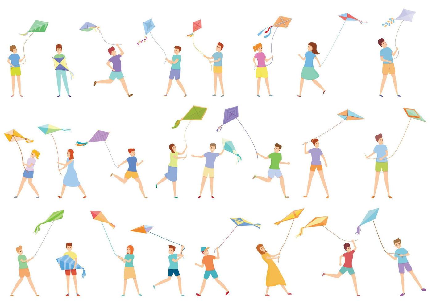 Kids playing with kite icons set, cartoon style vector