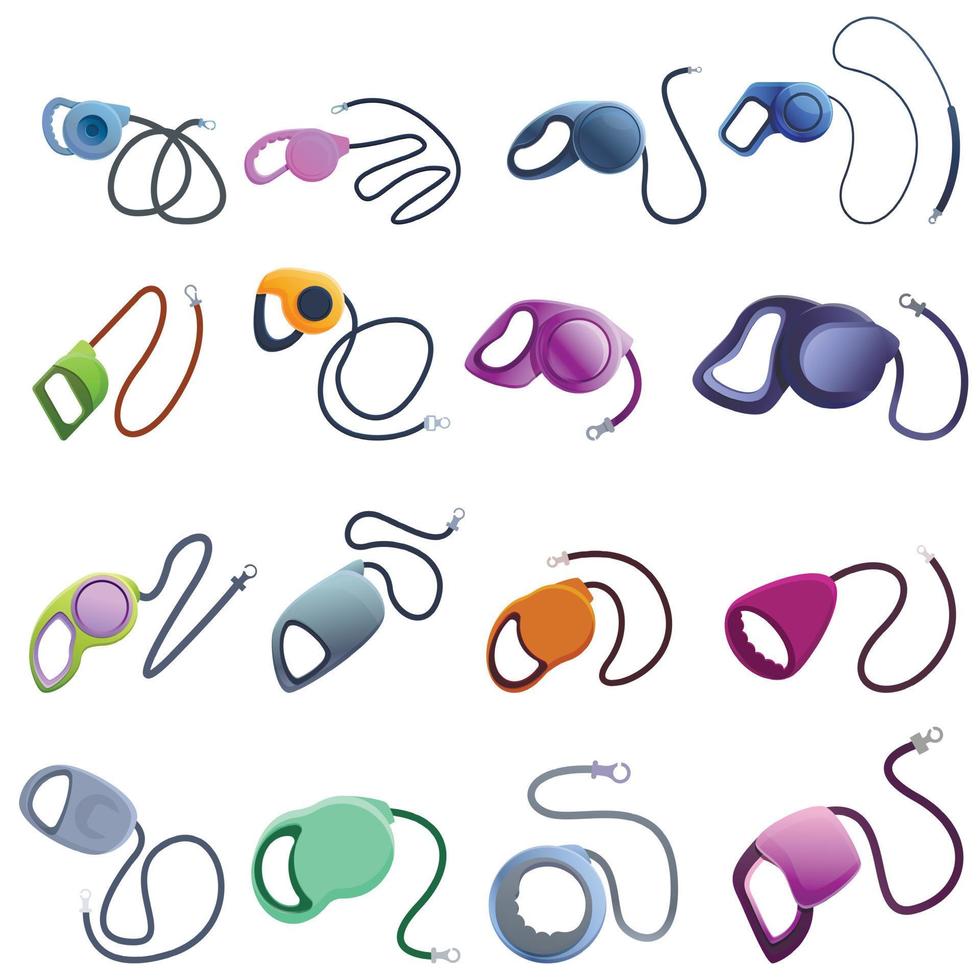 Retractable dog leash icons set, cartoon style vector