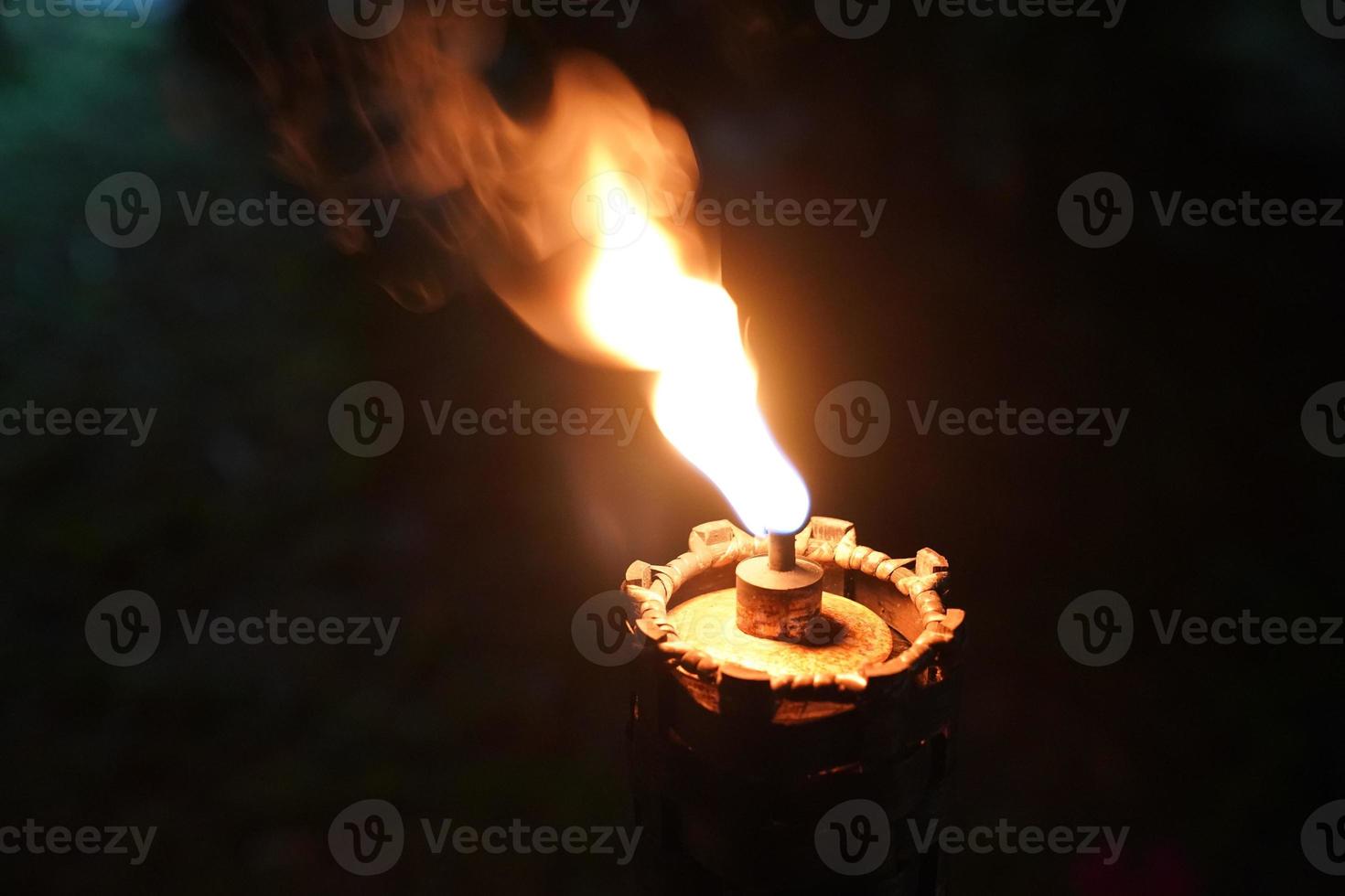 cierra la antorcha y el fuego en el jardín nocturno. foto