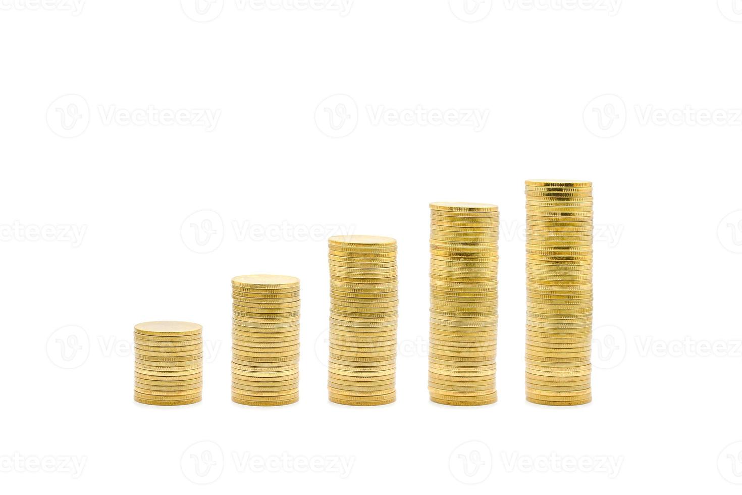 The minimal Gold coins towers graph pattern that shows the growth of investment and saving money from left to right are isolated on white background. Clipping Paths. photo