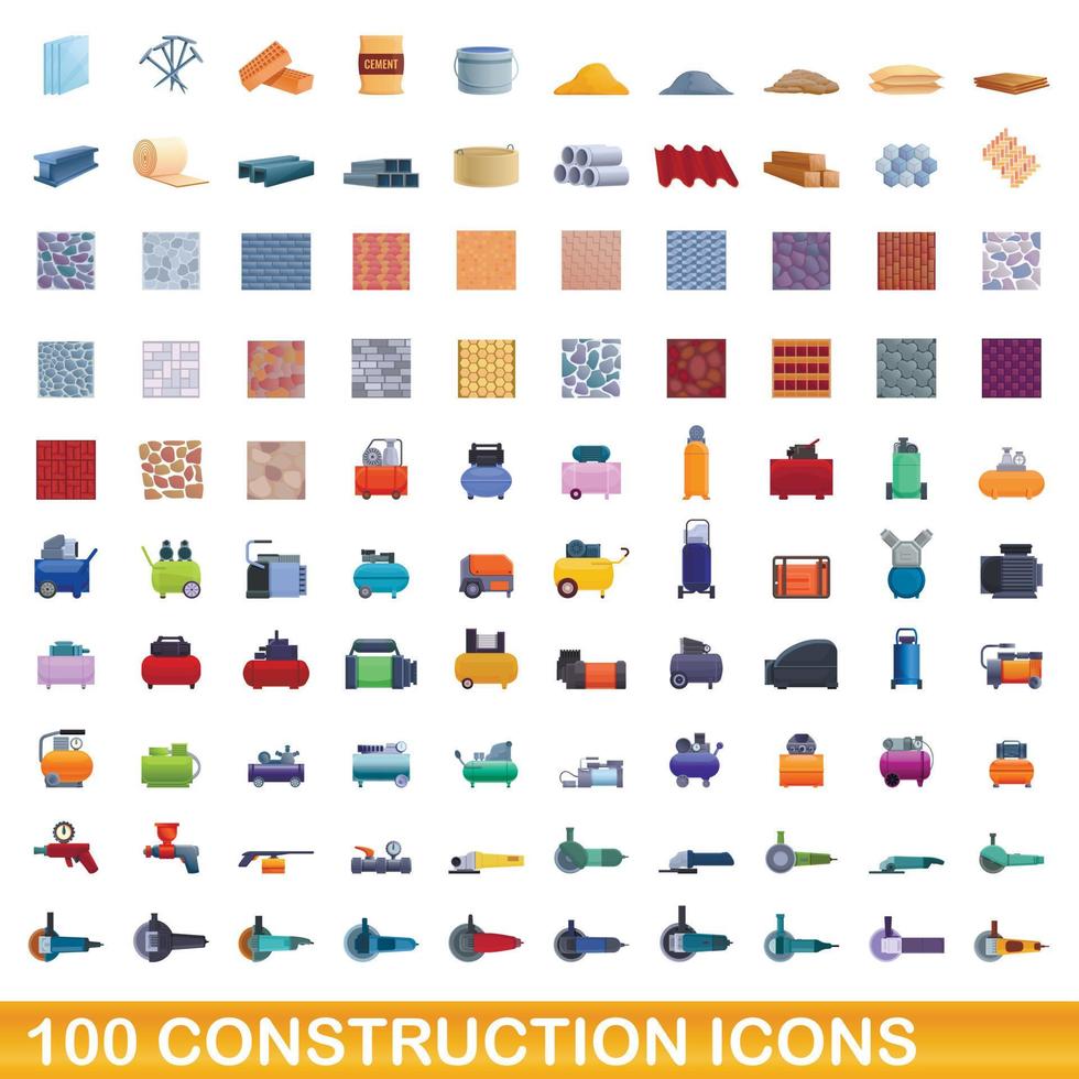 100 construction icons set, cartoon style vector