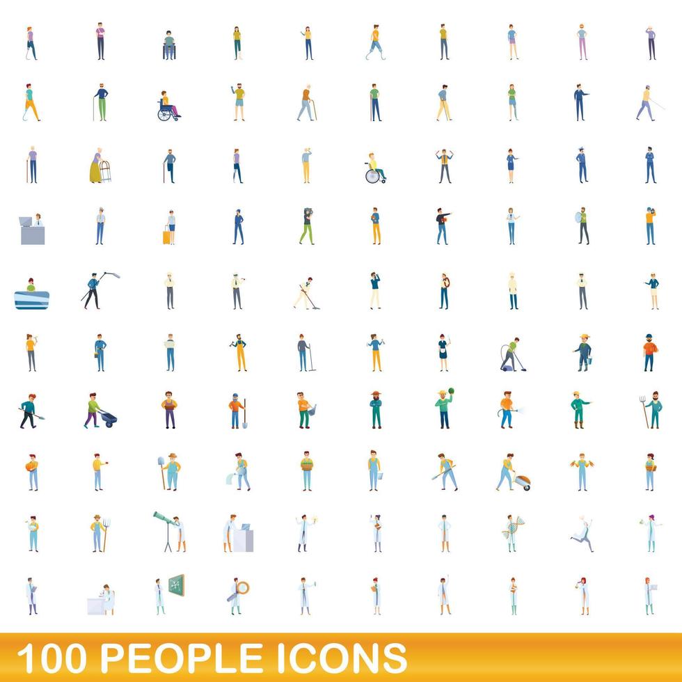 100 people icons set, cartoon style vector