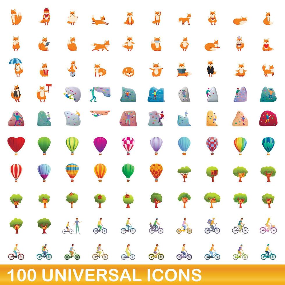 100 universal icons set, cartoon style vector