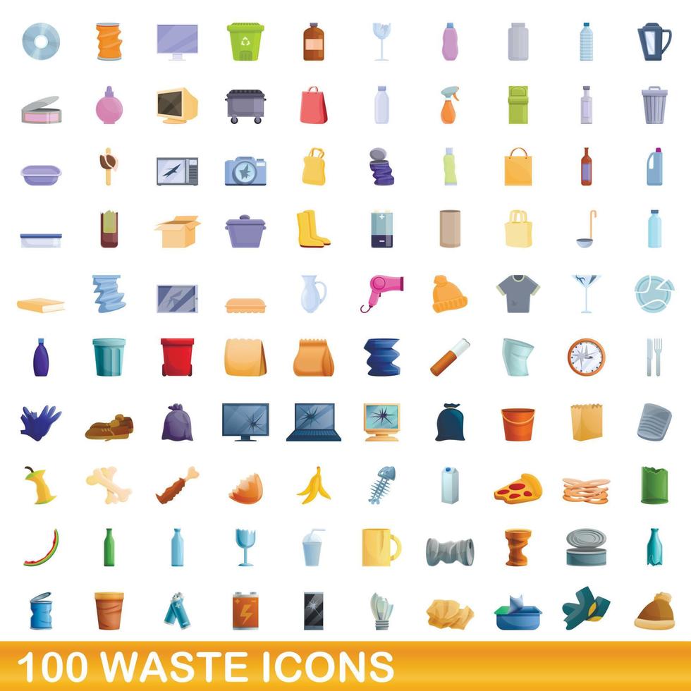 100 waste icons set, cartoon style vector