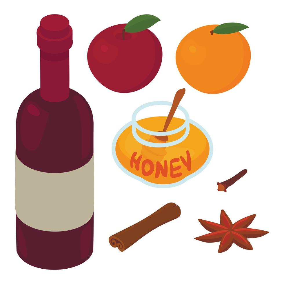 icono de ingredientes de vino caliente, estilo isométrico vector