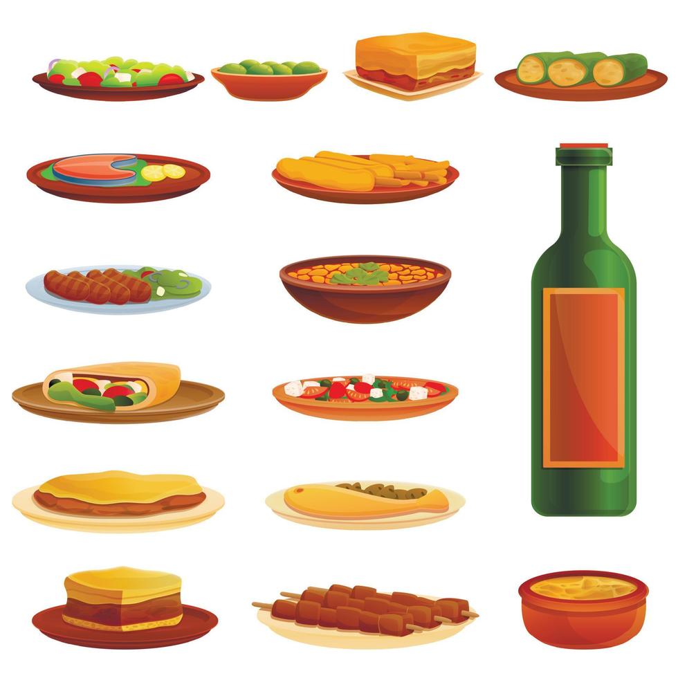 Greek cuisine icons set, cartoon style vector
