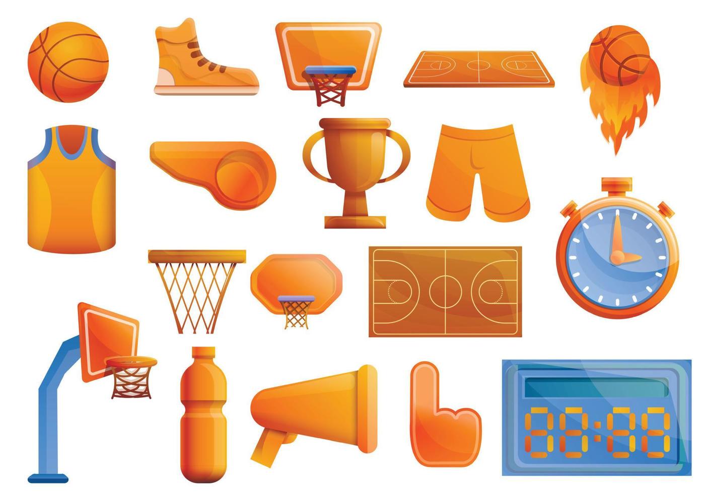 Basketball equipment icons set, cartoon style vector