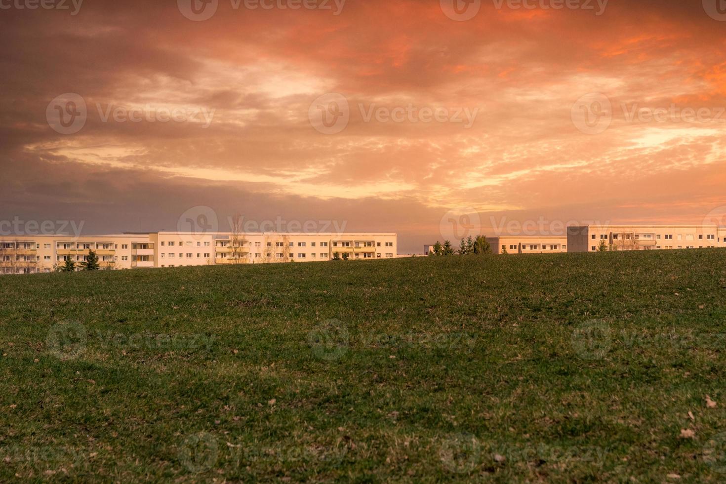 living buildings behind a field in spring in the sunset photo