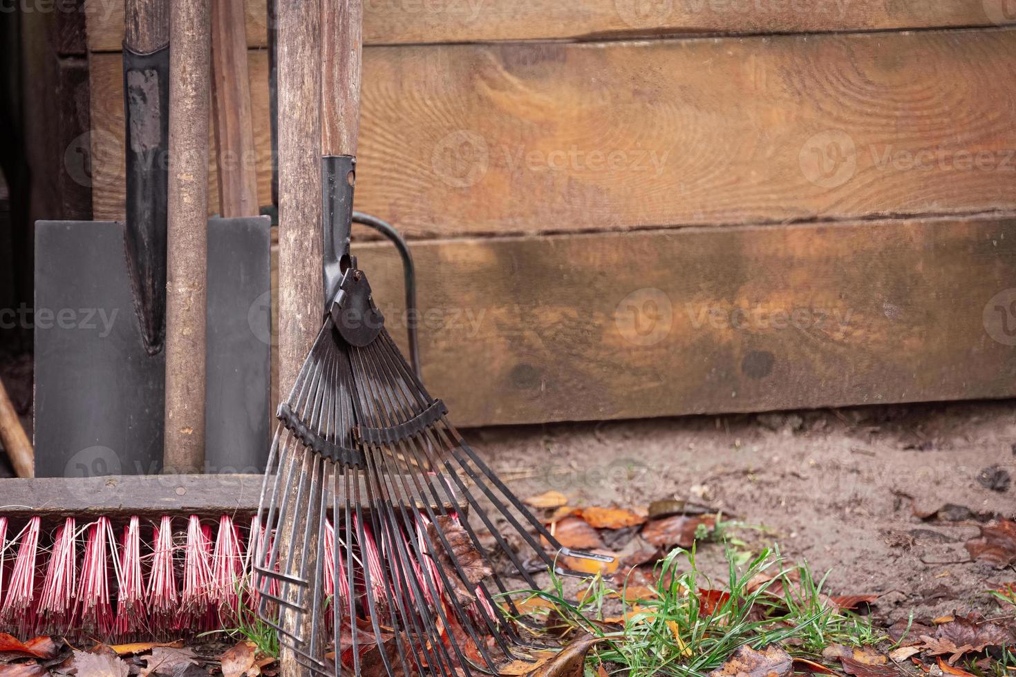 Garden tools in close-up with copy space photo