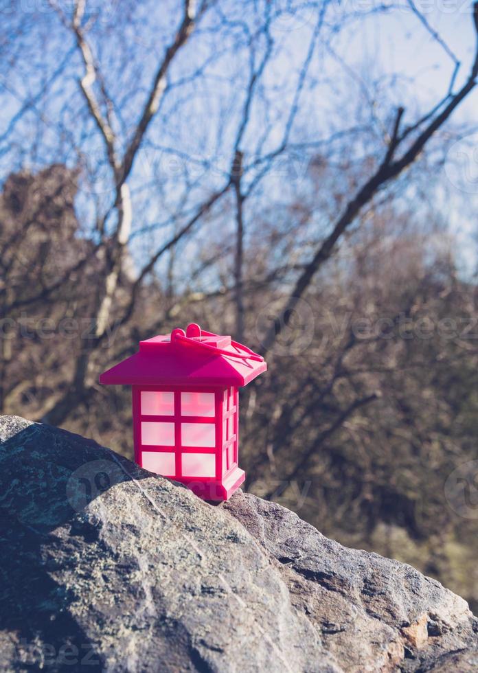 pink lantern on rock photo