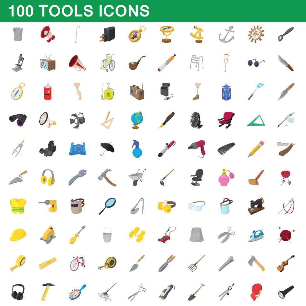 100 herramientas, conjunto de iconos de estilo de dibujos animados vector