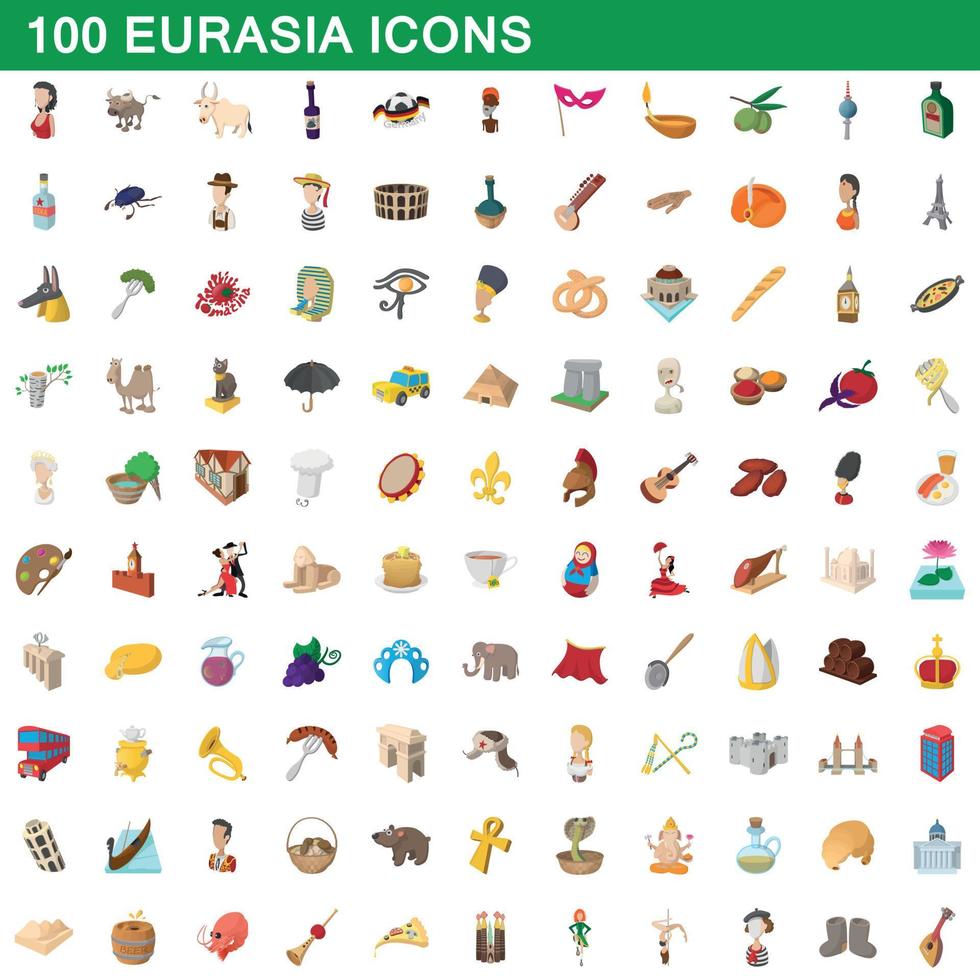 100 eurasia icons set, cartoon style vector
