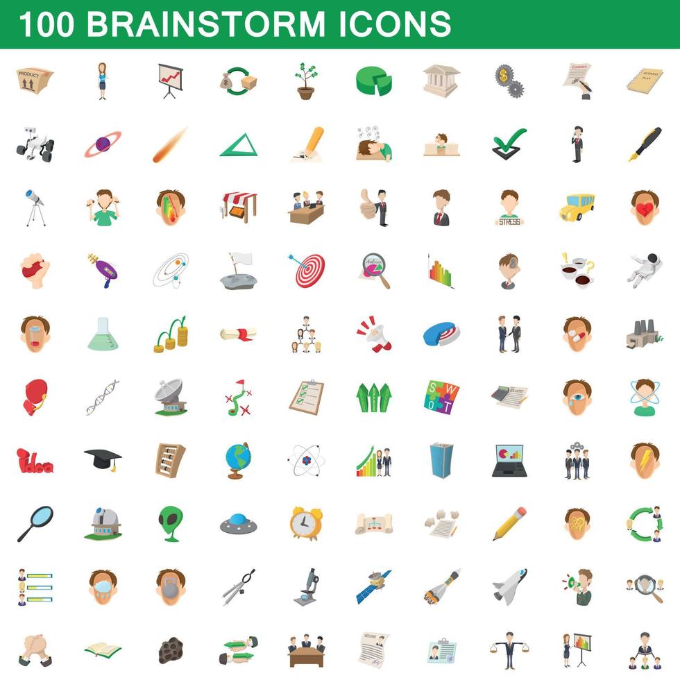 100 brainstorm icons set, cartoon style vector