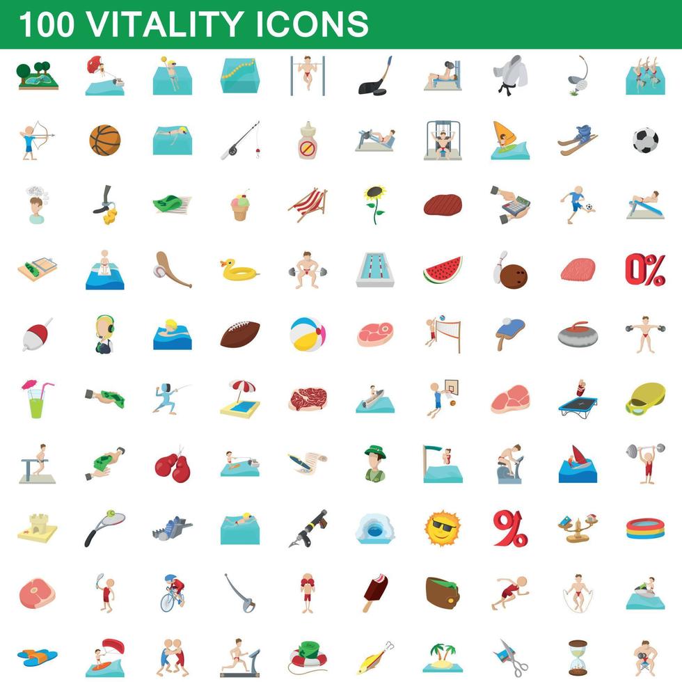 100 vitality icons set, cartoon style vector