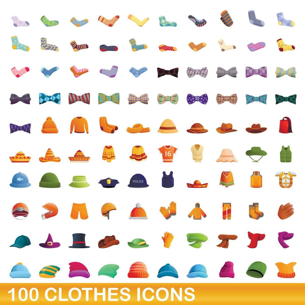 100 clothes icons set, cartoon style vector