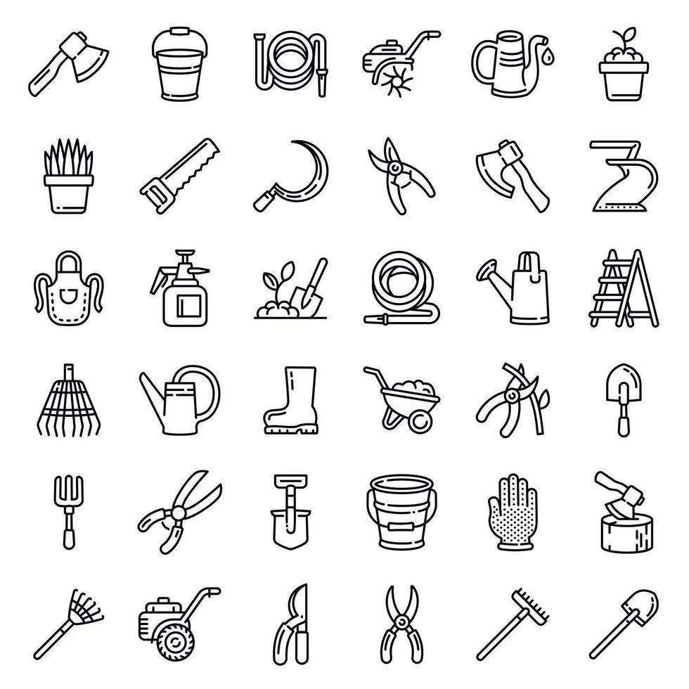 Gardening tools icons set, outline style vector