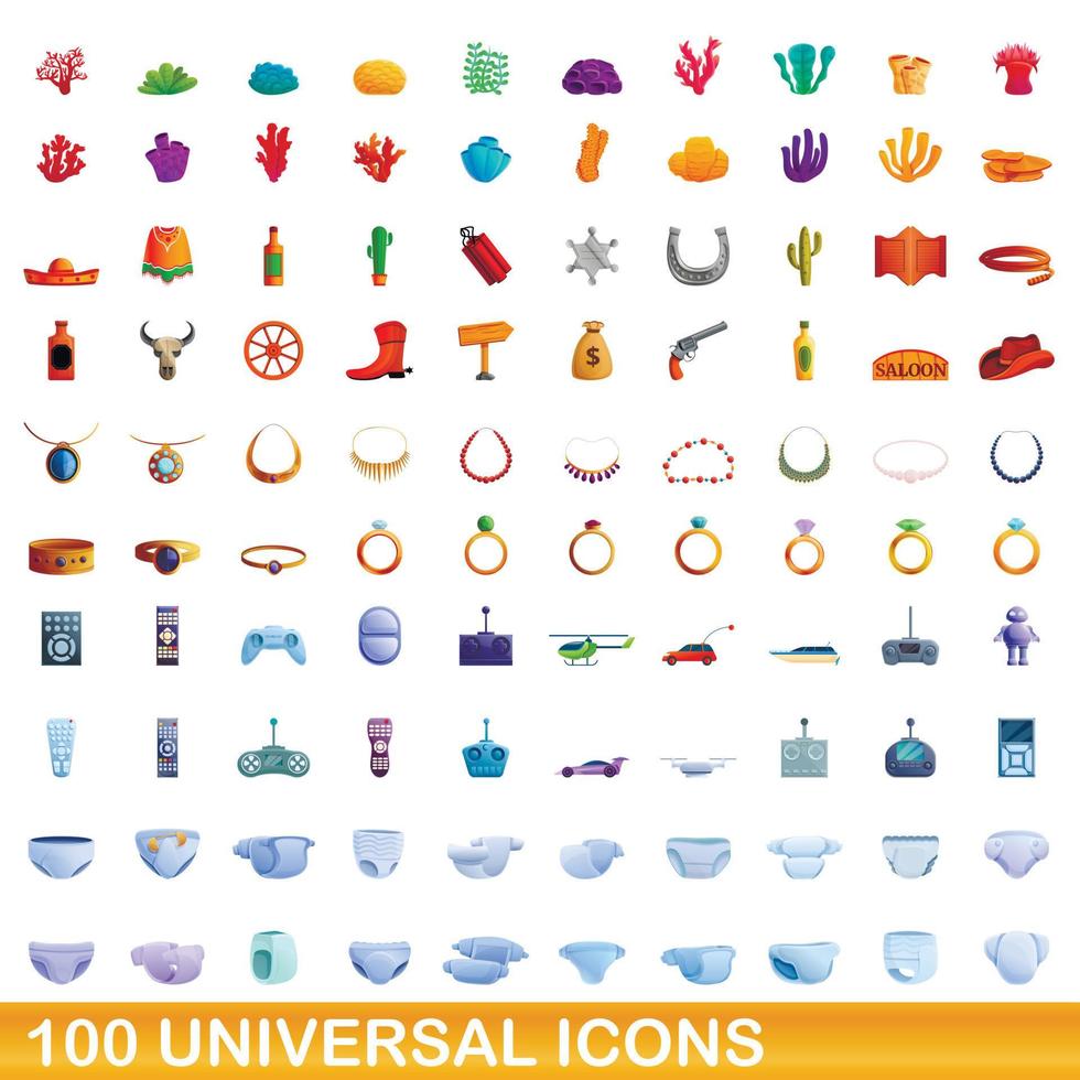 100 iconos universales, estilo de dibujos animados vector