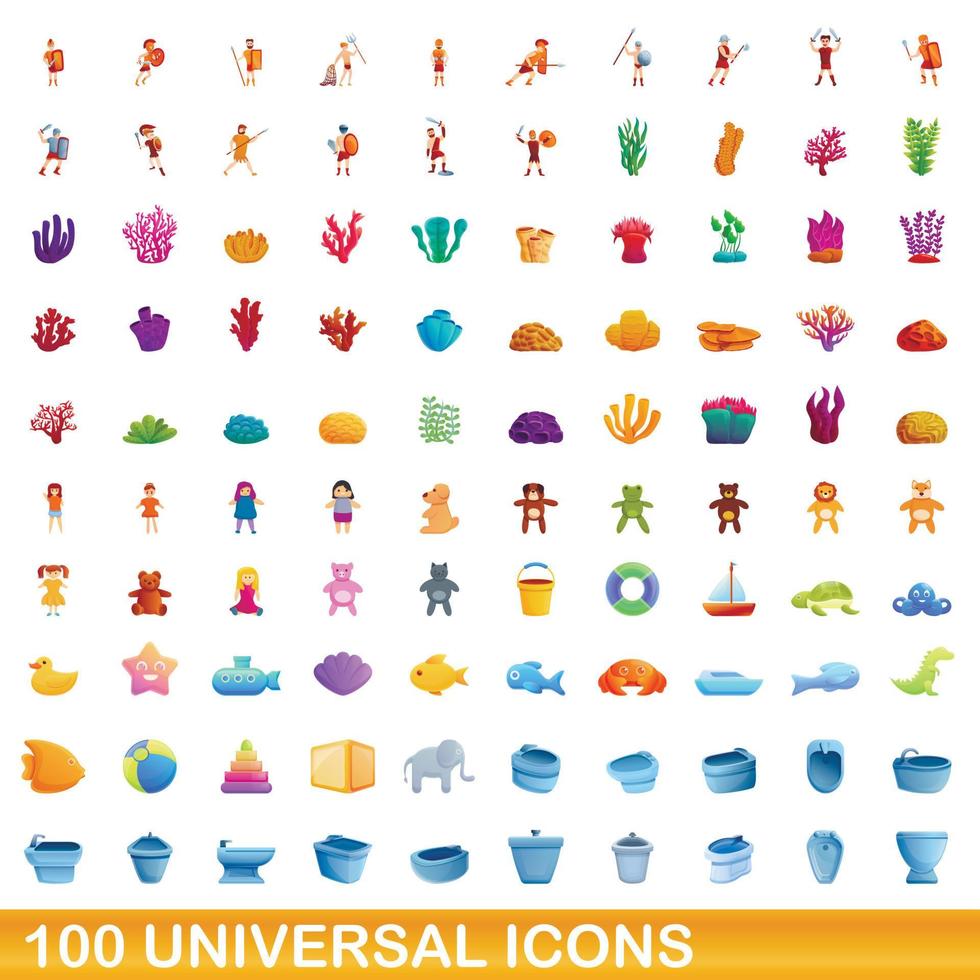 100 universal icons set, cartoon style vector